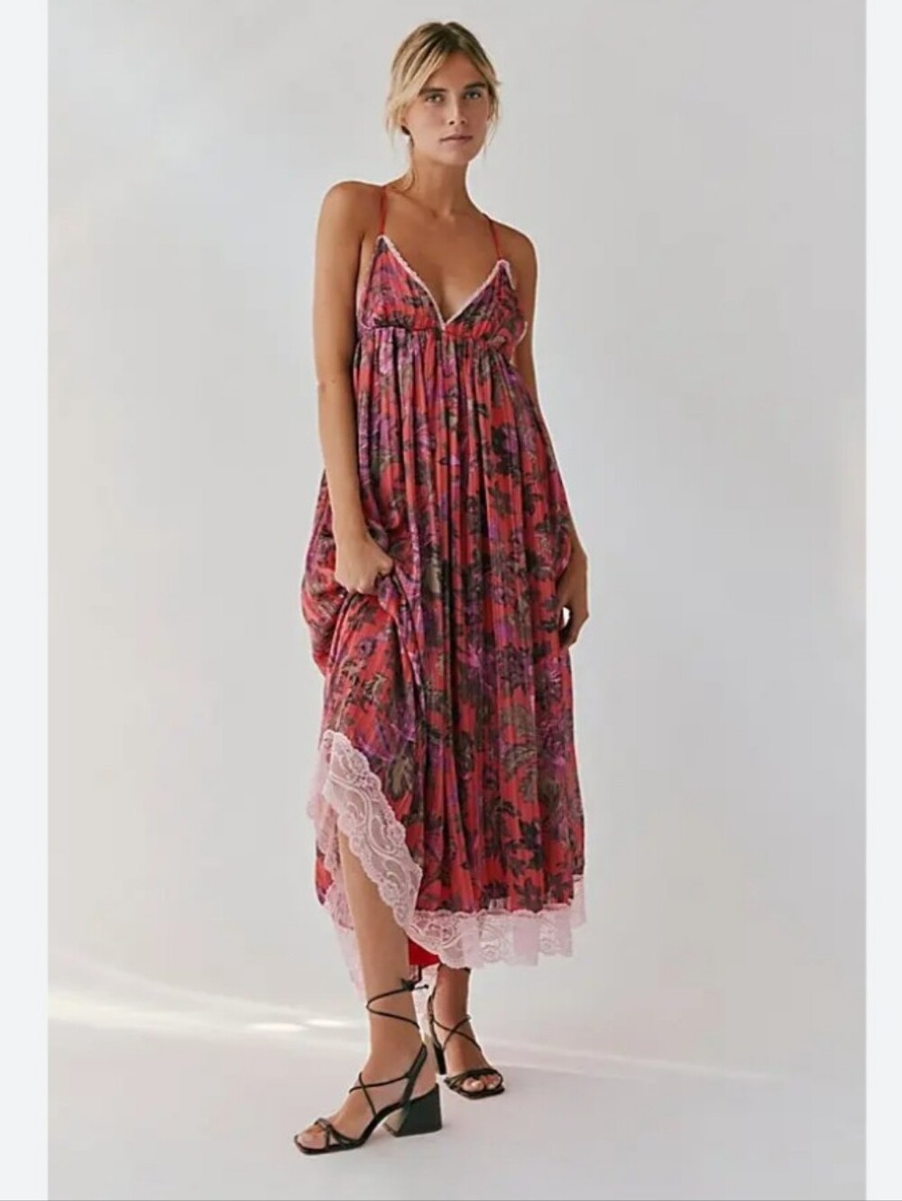 Free People Floral Pink Lace-Trim Maxi Dress